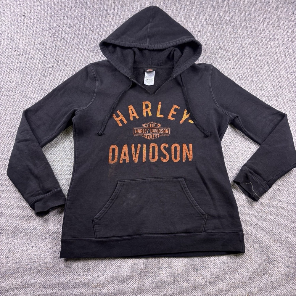 Harley Davidson Womens Hoodie Black Orange Arched Spellout Pullover Graphic Sz M